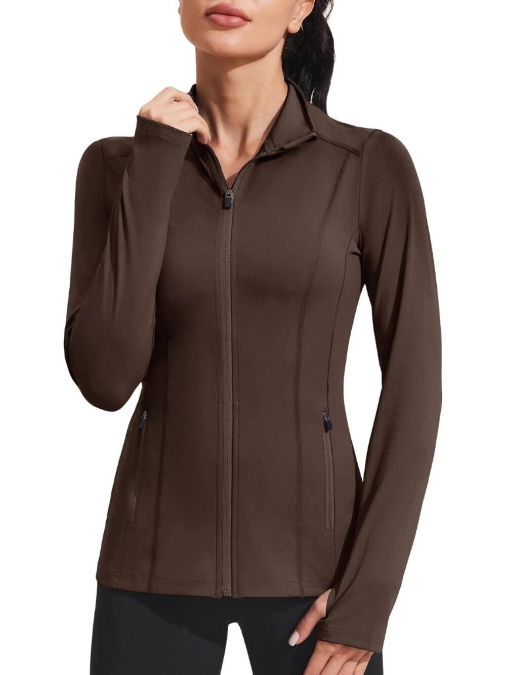 Women Brown Mild Weather Zipper Pockets Long Sleeve Full Zip Up Trench jacket